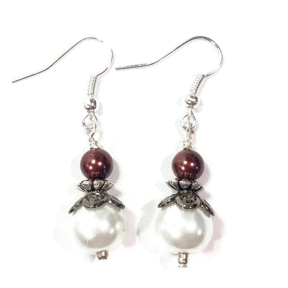 Silver and White Pearl Earrings Dangles Hooks
